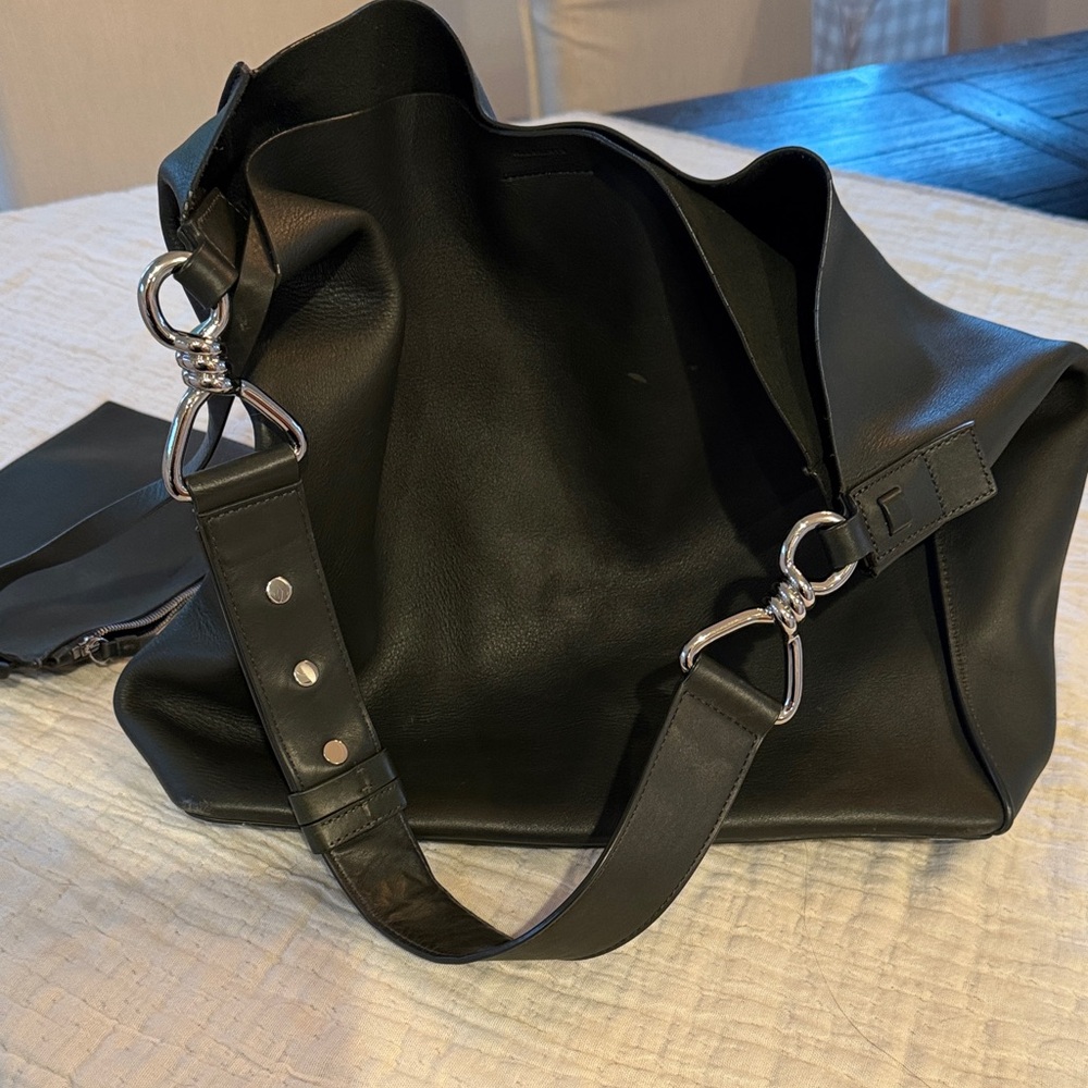 AllSaints Olive Green Leather Shoulder Bag with Silver Hardware